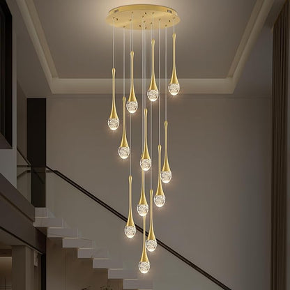 Modern Crystal Staircase Chandelier Gold 12-Lights, H120'' Large High Ceiling Spiral Dimmable LED Raindrop Foyer Entryway Light Fixture Remote Control