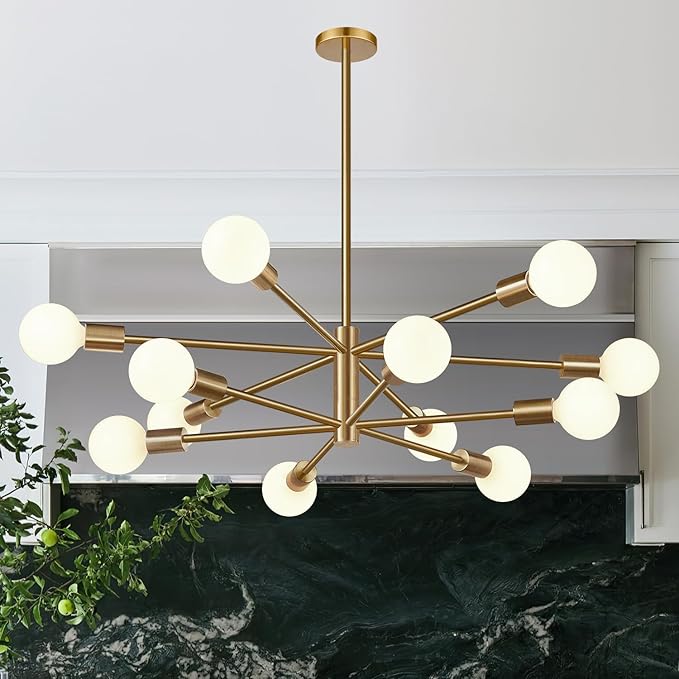 MQMQA Sputnik Chandeliers Dining Room Light Fixture (12-Light, 33-Inch), Modern Brushed Brass Chandelier, Height Adjustable Mid Century Modern Chandeliers for Dining Room Kitchen (Bulbs not Included)