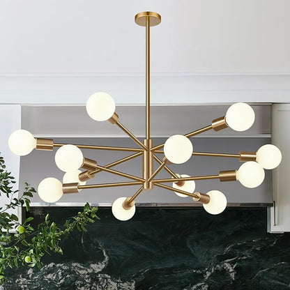 MQMQA Sputnik Chandeliers Dining Room Light Fixture (12-Light, 33-Inch), Modern Brushed Brass Chandelier, Height Adjustable Mid Century Modern Chandeliers for Dining Room Kitchen (Bulbs not Included)