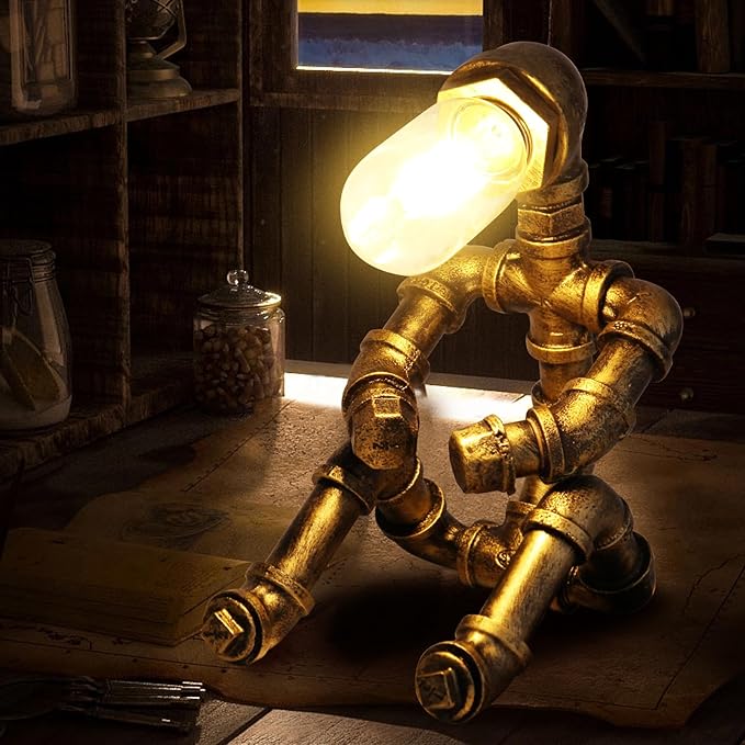 Steampunk Decor Table Lamp for Men Unique Creative Robot Style Desk Lamp,Vintage Industrial Metal Pipe Water Pipe Light, Home Decor Ideal for Bedrooms,Study. (Bronze C)
