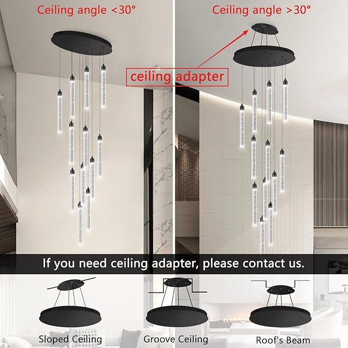 12-Lights Modern Chandeliers for Entryway High Ceiling Chandelier LED Dimmable Long Lights Fixture Pendants Lighting Crystal Chandeliers for Hallway Foyer Living Room Black Finished Lighting