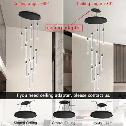 12-Lights Modern Chandeliers for Entryway High Ceiling Chandelier LED Dimmable Long Lights Fixture Pendants Lighting Crystal Chandeliers for Hallway Foyer Living Room Black Finished Lighting