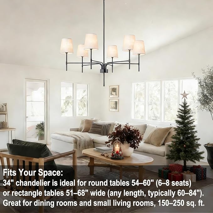 2026 New Black Chandeliers for Dining Room Light Fixture over Table, 34" 6-Light Classic Modern Farmhouse Black Chandelier with White Fabric Shade, Pendant Lighting for Kitchen Island Living Room