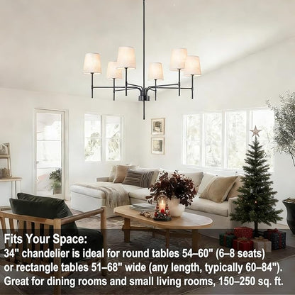 2026 New Black Chandeliers for Dining Room Light Fixture over Table, 34" 6-Light Classic Modern Farmhouse Black Chandelier with White Fabric Shade, Pendant Lighting for Kitchen Island Living Room