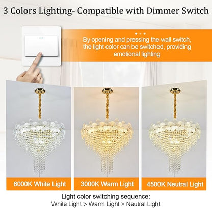 Gold Crystal Chandelier, 23.6" Luxury Flower Round Contemporary Chandeliers, 9-Light Adjustable Height Ceiling Fixture Elegant Modern Chandelier for Dining Room, Living Room, Staircase
