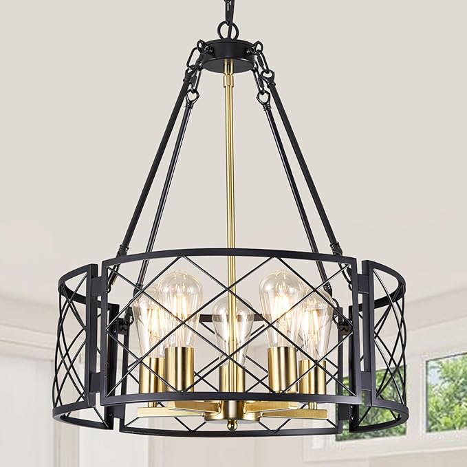 21'' Farmhouse Chandelier, 5-Light Black and Gold Dining Room Light Fixture Over Table, Rustic Industrial Drum Hanging Pendant Lights Fixture for Kitchen Island Living Room Bedroom Hallway Entryway