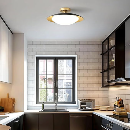 Dimmable Modern Mid-Century Ceiling Light, Black and Gold LED Semi Flush Mount Ceiling Light, 5CCT 2700K-6000K Lighting Fixture Ceiling Lamp with Glass Shade for Bedroom Kitchen Living Room, 15.7in