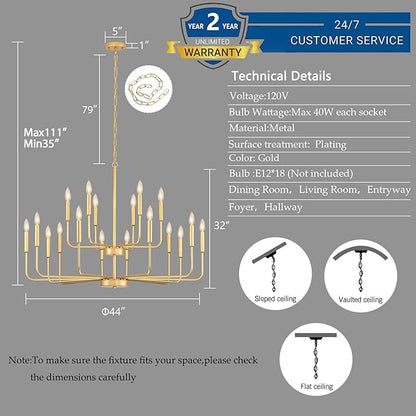 Gold Chandeliers for Dining Room Light Fixture Over Table, Modern Farmhouse Chandeliers for Living Room,18-Lights Industrial Metal Candle Lighting Fixtures for Entryway Kitchen Island Foyer