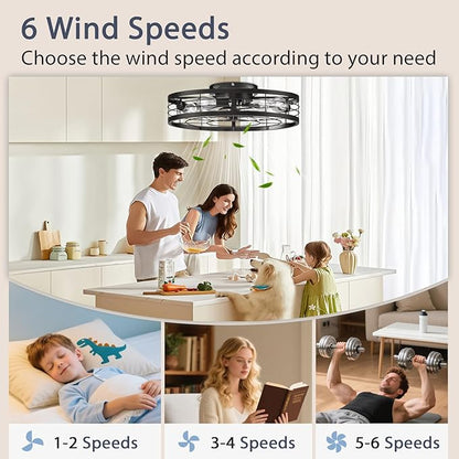 VOLISUN Caged Ceiling Fan with Light and Remote,23.6 inch Fandelier Ceiling Fan with Light Flush Mount, Farmhouse Bladeless Ceiling Fans with Lights for Kitchen,Bedroom