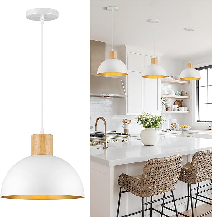 White Pendant Light, 11.8" Wood Dome Pendant Lights Fixtures Adjustable Modern Hanging Lighting, for Kitchen Island Dining Room Farmhouse Sink Bar Restaurant