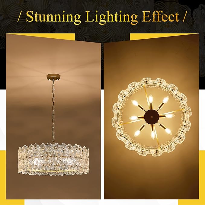 24" Clear Flower Glass Chandeliers 8-Lights Modern Gold Chandelier Light Fixture Luxury Pendant Lighting for Foyer Entryway Living Dining Room Kitchen, E12