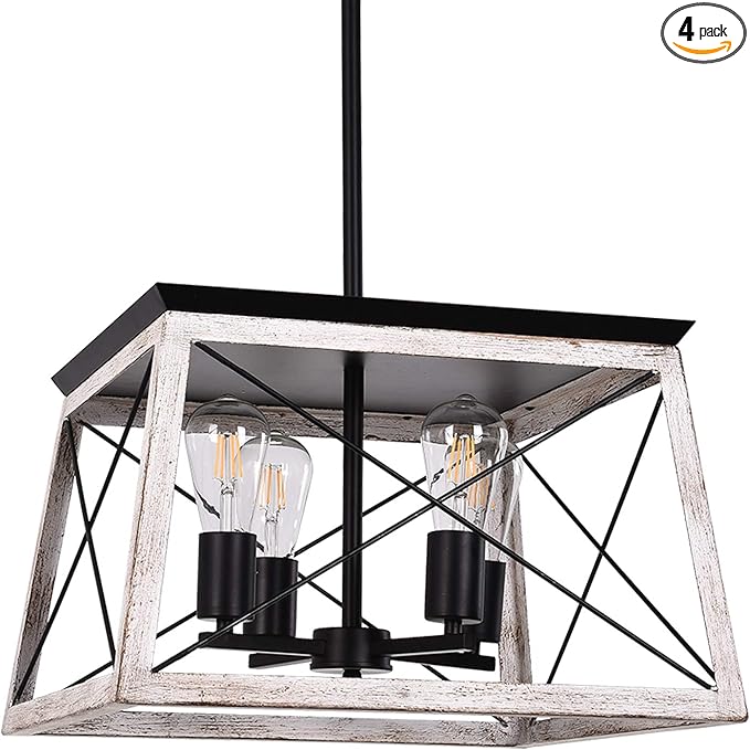 Luupyia 17.72Inches Farmhouse Pendant Light, Height Adjustable, White Rectangular Rustic Chandeliers Farmhouse Light Fixture Vintage Island Lighting for Dining Room Entryway Living Room 4-Lights E26