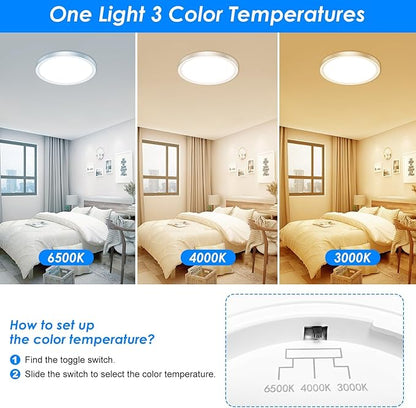 Peasur 12 Inch LED Ceiling Light Brushed Nickel, 24W Slim Flush Mount Ceiling Light 3000K/4000K/6500K Adjustable, Modern Round Ceiling Lighting for Bedroom, Living Room, Kitchen