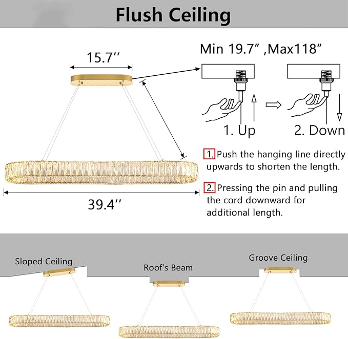 HAIXIANG LED Long Chandeliers for Dining Table Modern Chandelier Dimmable Pendant Lights Crystal Rectangular Glam Lighting Fixtures for Dining Room Kitchen Island Gold