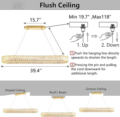 HAIXIANG LED Long Chandeliers for Dining Table Modern Chandelier Dimmable Pendant Lights Crystal Rectangular Glam Lighting Fixtures for Dining Room Kitchen Island Gold