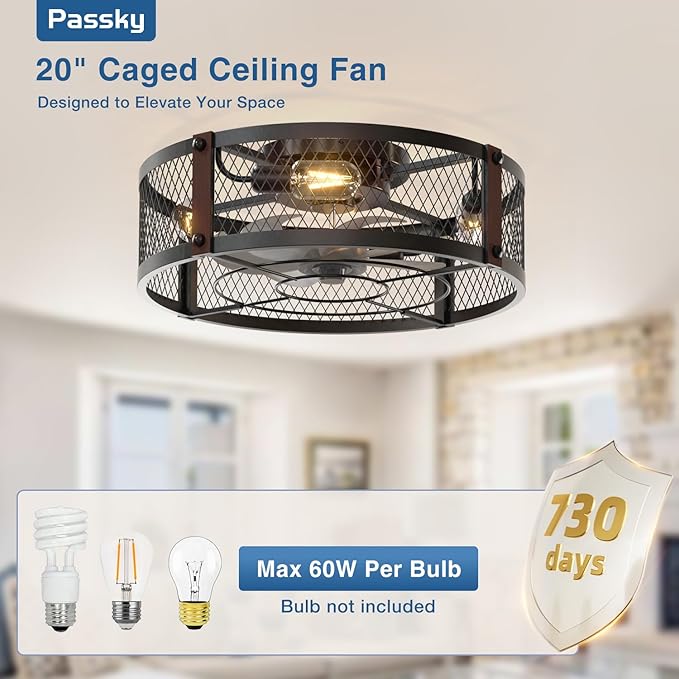 Passky 20" Farmhouse Flush Mount Ceiling Fans with Lights and Remote, Industrial Black Caged Low Profile Fandelier, 6 Speeds Bladeless Ceiling Fan for Bedroom, Kitchen, Living Room