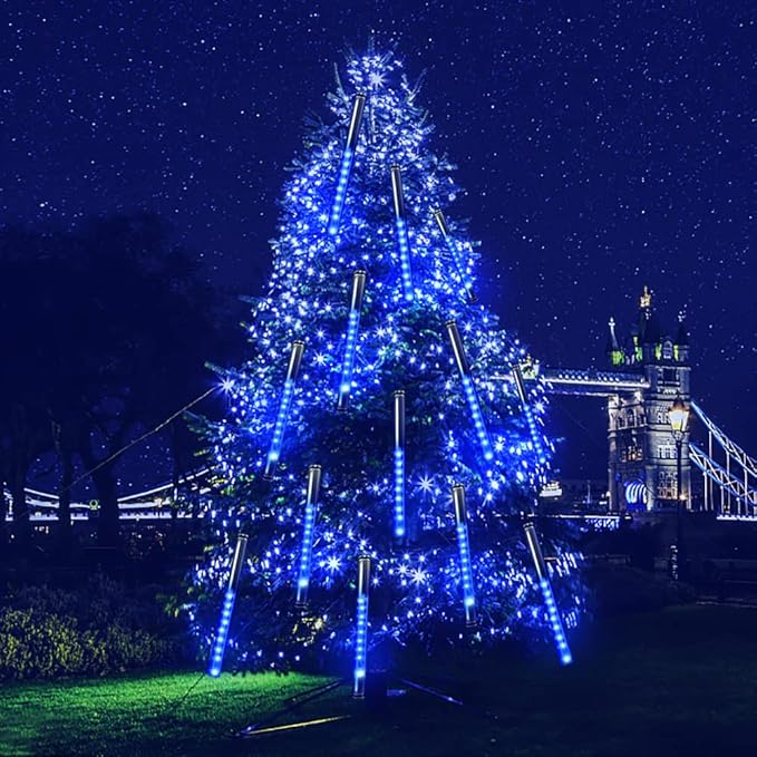 Purtuemy Outdoor Christmas Decorations, 12 inch/ 30 cm Meteor Shower Lights, Icicle Lights for Tree, Xtmas Decorations for Yard House Wedding Party, Blue