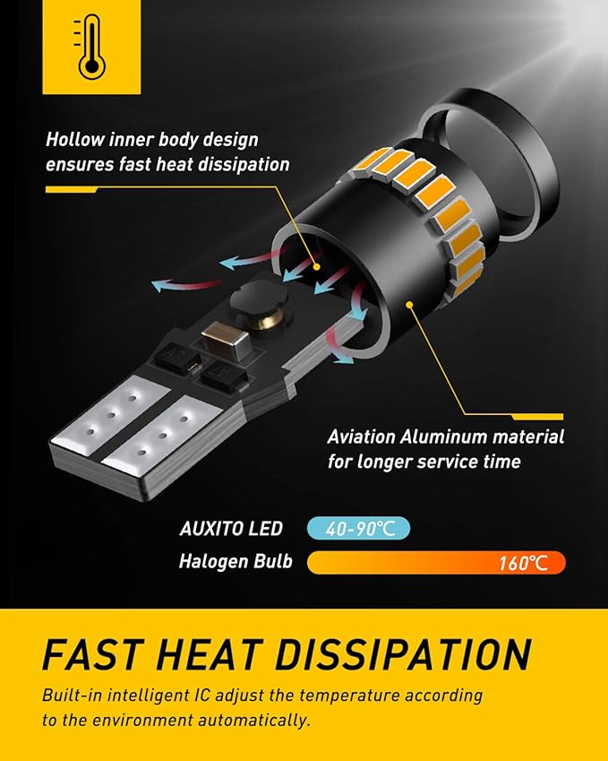 AUXITO 194 LED Bulb Amber Yellow 168 2825 W5W T10 Wedge 24-SMD 3014 Chipsets Replacement Bulbs for Car Dome Map License Plate Courtesy Step Lights (Pack of 2)