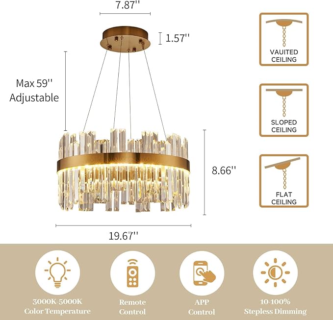 Gold Modern Crystal Led Chandelier: 19.7" Dimmable K9 Crystals Chandeliers over Table - Golden Luxury Round Drum Chandelier - Height Adjustable Sparkly Chandelier for Dining Room Living Room Bedroom