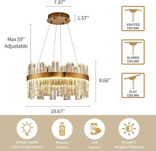 Gold Modern Crystal Led Chandelier: 19.7" Dimmable K9 Crystals Chandeliers over Table - Golden Luxury Round Drum Chandelier - Height Adjustable Sparkly Chandelier for Dining Room Living Room Bedroom
