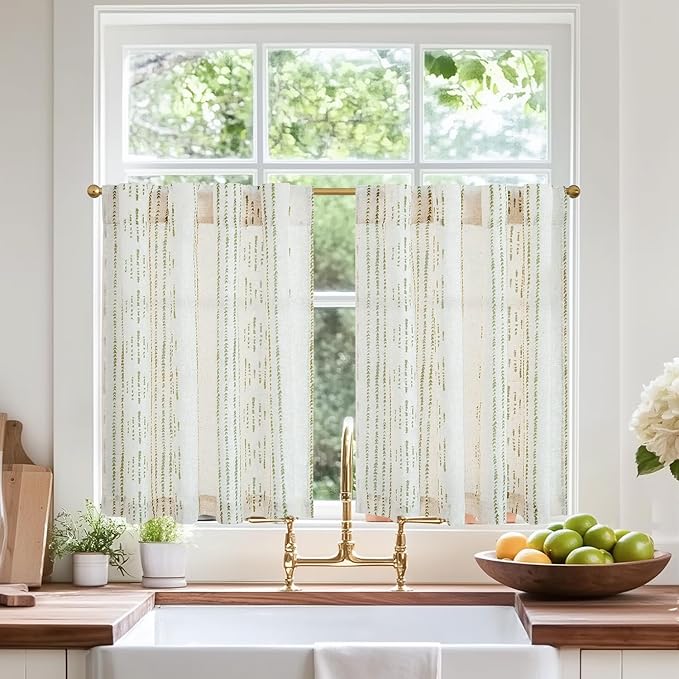 jinchan Boho Kitchen Curtains Linen Cafe Tier Curtains 24 Inch Bohemian Geometric Striped Mudcloth Small Window Drapes for Living Room Bathroom Light Filtering Back Tab 2 Panels Sage Green on Flax