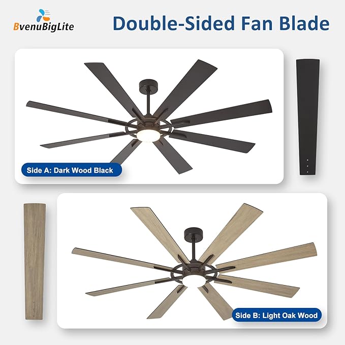 Large Ceiling Fans with Lights: Modern 72 Inch 8 Blade Outdoor Ceiling Fan with Remote APP Control - Dimmable Black Big Fan Light Indoor Reversible 6 Speed Quiet DC Motor