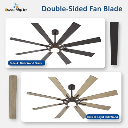 Large Ceiling Fans with Lights: Modern 72 Inch 8 Blade Outdoor Ceiling Fan with Remote APP Control - Dimmable Black Big Fan Light Indoor Reversible 6 Speed Quiet DC Motor