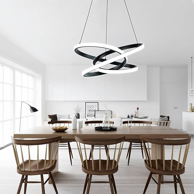 MAYNA Modern Ring Chandelier for Dining Room,Dimmable LED Pendant Light with Remote, Irregular Light Fixture for Kitchen Island Over Table, 3 Color Changeable Hanging Lamp, Black 19.7 inch