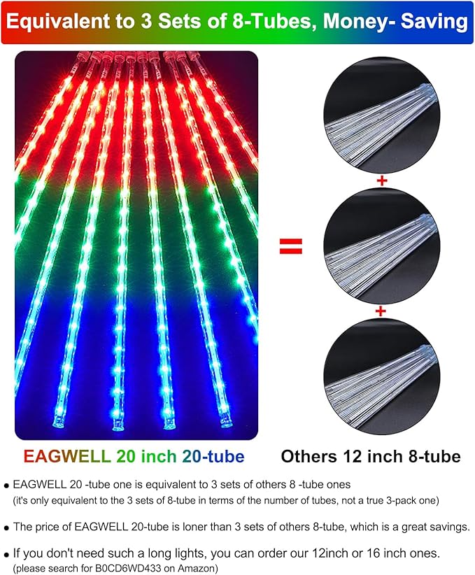 EAGWELL Meteor Shower Lights UL Certified 1080 LEDs 20 Tubes Falling Rain Drop Ramadan Lights Cascading Lights for Xmas Tree Halloween Decorations Wedding Party Holiday Garden Decor, Multicolor