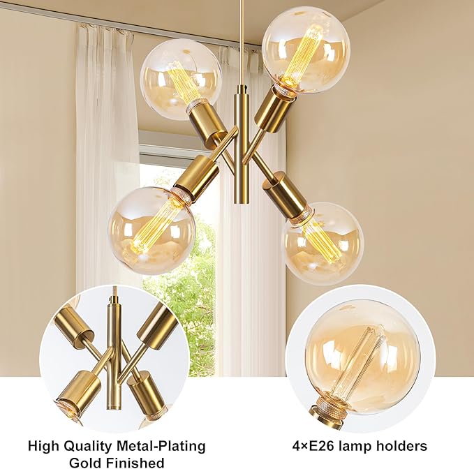 4-Lights Gold Chandelier Fixture Dining Room Light Fixture Over Table Mid Century Modern Chandelier Gold Sputnik Chandelier for Dining Room Living Room, Bedroom, Kitchen