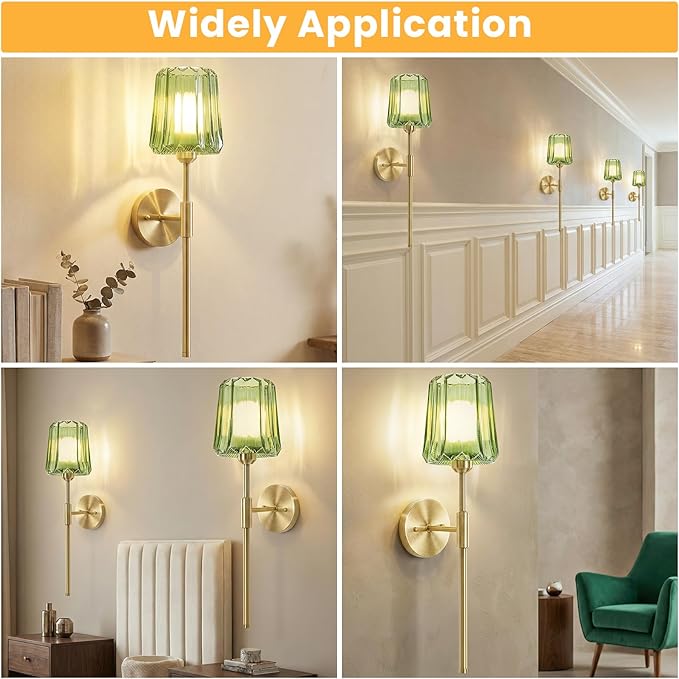 Crystal Battery Operated Wall Sconces Set of 2, Green Rechargeable Wireless Wall Sconce Lights with Crystal Lampshade, 12 RGB and 3CCT Dimmable Wall Lamps for Bedroom Living Room Hallway Decor, 2 Pack