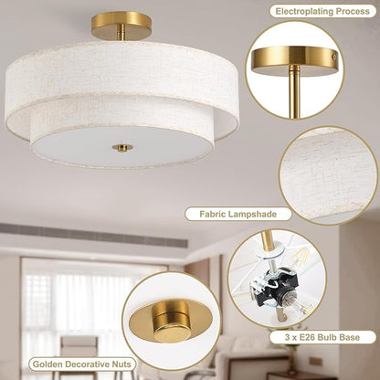 17.7" Semi Flush Mount Ceiling Light Fixtures, Gold Close to Ceiling Light Fixtures with 2-Tier Drum Fabric Lamp Shade, Modern Ceiling Light Fixtures Flush Mount for Bedroom Hallway Nursery