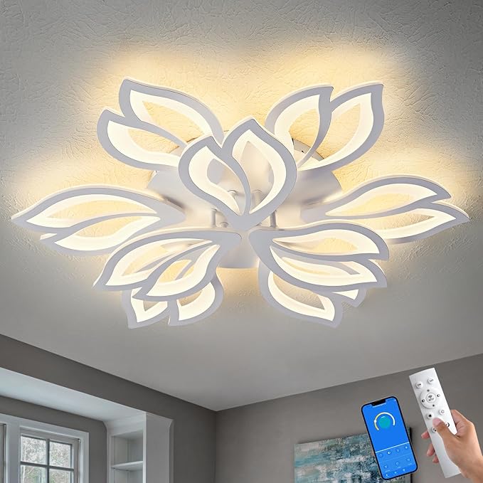 28" White Modern Flower Dimmable Ceiling Light Fixture, 9 Leaves Low Profile Flush Mount Ceiling Light for Living Room Dining Room Bedroom