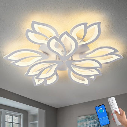 28" White Modern Flower Dimmable Ceiling Light Fixture, 9 Leaves Low Profile Flush Mount Ceiling Light for Living Room Dining Room Bedroom