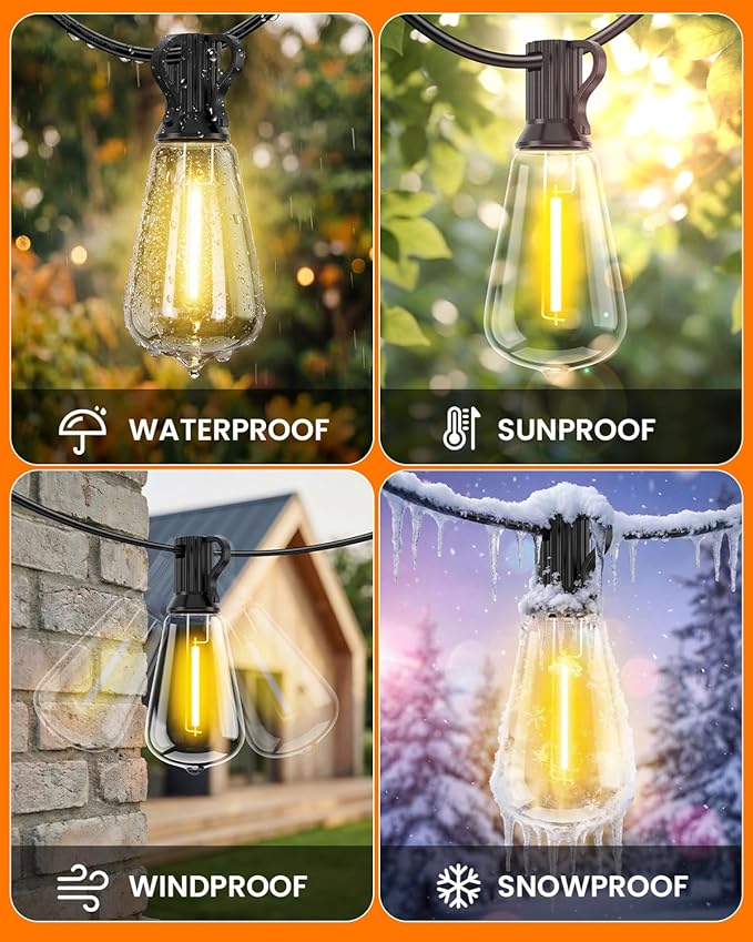 VOLIVO 200FT Outdoor String Lights for Patio, Waterproof Hanging Lights with 65+2 Shatterproof ST38 Edison Bulbs, Dimmable & Connectable Outside String Light for Backyard, Deck, Porch, Balcony
