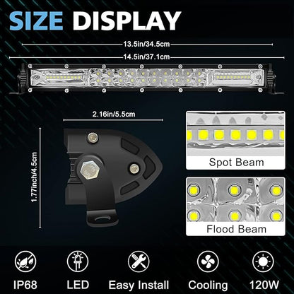 San-Young Slim LED Light Bar for Truck, 12 Inch 120W 10000lm LED Off Road Driving Fog Lightbar Combo Beam Waterproof ATV UTV RV Tractor Boat Weeder Grille Bumper, 12V/24V