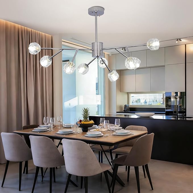 Depuley Modern Chrome Sputnik Chandelier: 9-Light Crystal Glass Chandelier for Dining Room - Kitchen Table Light Fixture Mid Century Hanging Lamp Height Adjustable for Foyer (Included G9 Bulbs)