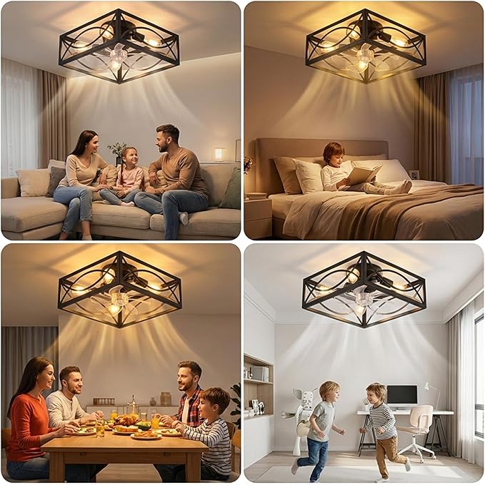 LIONVISON Caged Ceiling Fan with Lights: 16" Small Flush Mount Low Profile Fandelier with Remote DC Motor Reversible 6 Speeds Farmhouse Industrial Ceiling Fans for Bedroom Kitchen Black