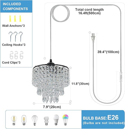 8" Chandelier Plug in Crystal Chandelier Pendant Light Plug in with 16.4ft Cord Hanging Lights 3-Tier Crystal Raindrop Chandeliers for Bedroom Kitchen Island Hallway Bathroom Closet (Black)