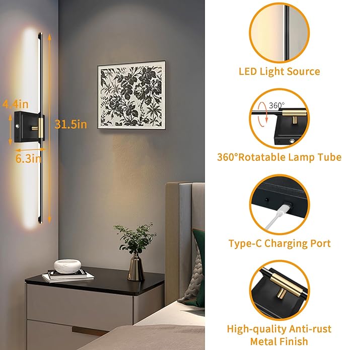 Wall Sconces Set of 2 Battery Operated, 8000mAh USB Rechargeable Wall Sconce with Remote Control, 360°Rotate Dimmable 3000K-6000K LED Dimmable Picture Lamp for Living Room, Bedroom, Hallway (32inch)