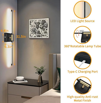 Wall Sconces Set of 2 Battery Operated, 8000mAh USB Rechargeable Wall Sconce with Remote Control, 360°Rotate Dimmable 3000K-6000K LED Dimmable Picture Lamp for Living Room, Bedroom, Hallway (32inch)