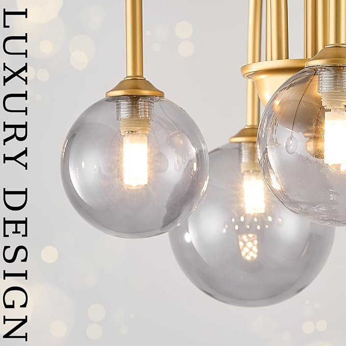 CATINER Modern Gold Chandelier, 6 Lights Sputnik Chandeliers Large L40”Mid Century Ceiling Pendant Light Fixtures with Smoke Glass Globe Shades for Living Dining Room Foyer Bedroom