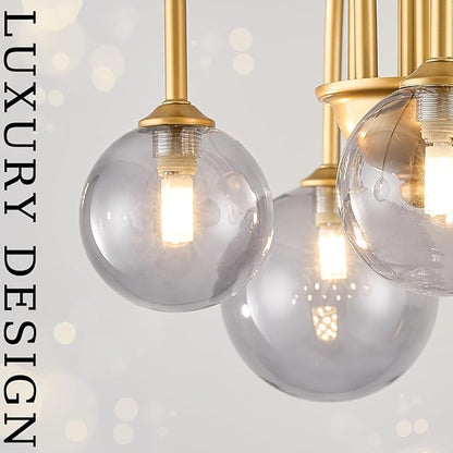 CATINER Modern Gold Chandelier, 6 Lights Sputnik Chandeliers Large L40”Mid Century Ceiling Pendant Light Fixtures with Smoke Glass Globe Shades for Living Dining Room Foyer Bedroom