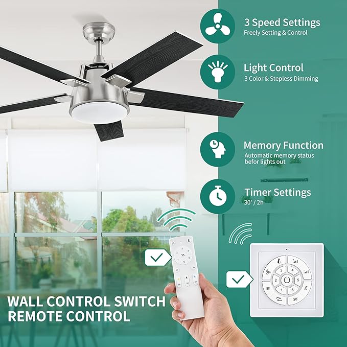 YITAHOME Ceiling Fan with Light and Wall Switch Remote, 52 Inch Modern Black Fan, Quiet Reversible Motor, Dimmable LED 3-Color, Memory Function for Bedroom Living Room