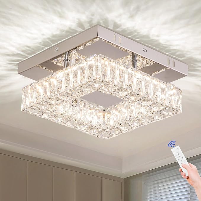Dimmable Square Crystal Chandelier LED Mini Ceiling Light with Remote Flush Mount Small Chandelier Light for Hallway Foyer Kitchen Stair Closet, 3 Colors Adjustable Dimmable