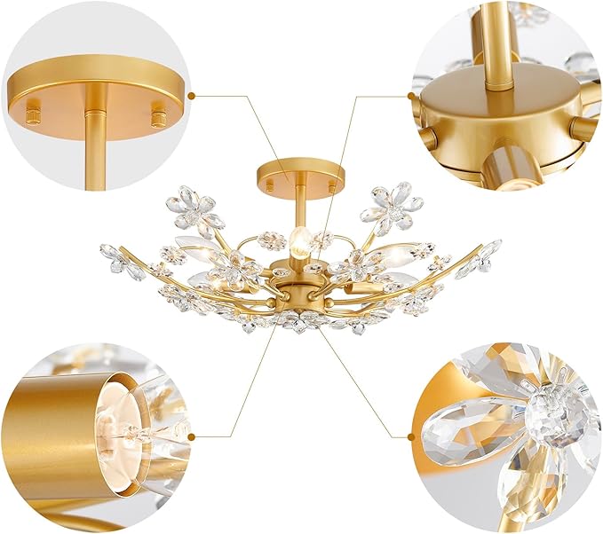 6-Light Large Modern K9 Crystal Chandeliers, Chic Flushmount Close to Ceiling Light Fixture for Bedroom, Dining Room, Kitchen, D23xH10inch, Clear Crystal & Gold Finish Frame
