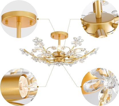 6-Light Large Modern K9 Crystal Chandeliers, Chic Flushmount Close to Ceiling Light Fixture for Bedroom, Dining Room, Kitchen, D23xH10inch, Clear Crystal & Gold Finish Frame