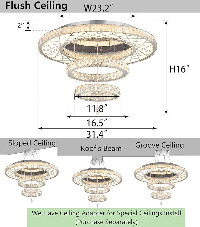32"W Modern Chandeliers Living Room Light Crystal Flat Mounted Ceiling Lights Dining Room Light Bedroom Ceiling Drop Lighting Fixture Remote Dimmable Lights Bright Light with Dimming Night Light LED
