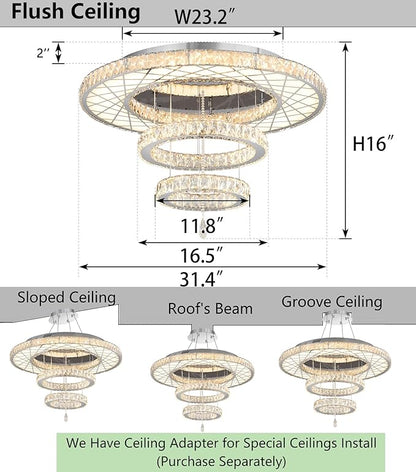 32"W Modern Chandeliers Living Room Light Crystal Flat Mounted Ceiling Lights Dining Room Light Bedroom Ceiling Drop Lighting Fixture Remote Dimmable Lights Bright Light with Dimming Night Light LED