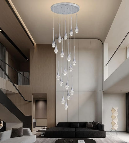Modern Crystal Staircase Chandelier Polished Chrome 18-Lights, H118'' Large High Ceiling Spiral Dimmable LED Raindrop Foyer Entryway Light Fixture Remote Control